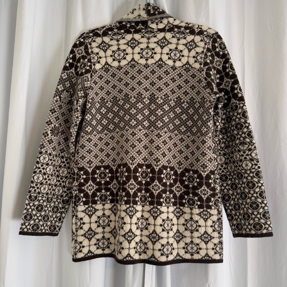 100% Wool Open Front Cardigan Brown Cream Geometric Scandi Pattern Medium - Picture 3 of 8